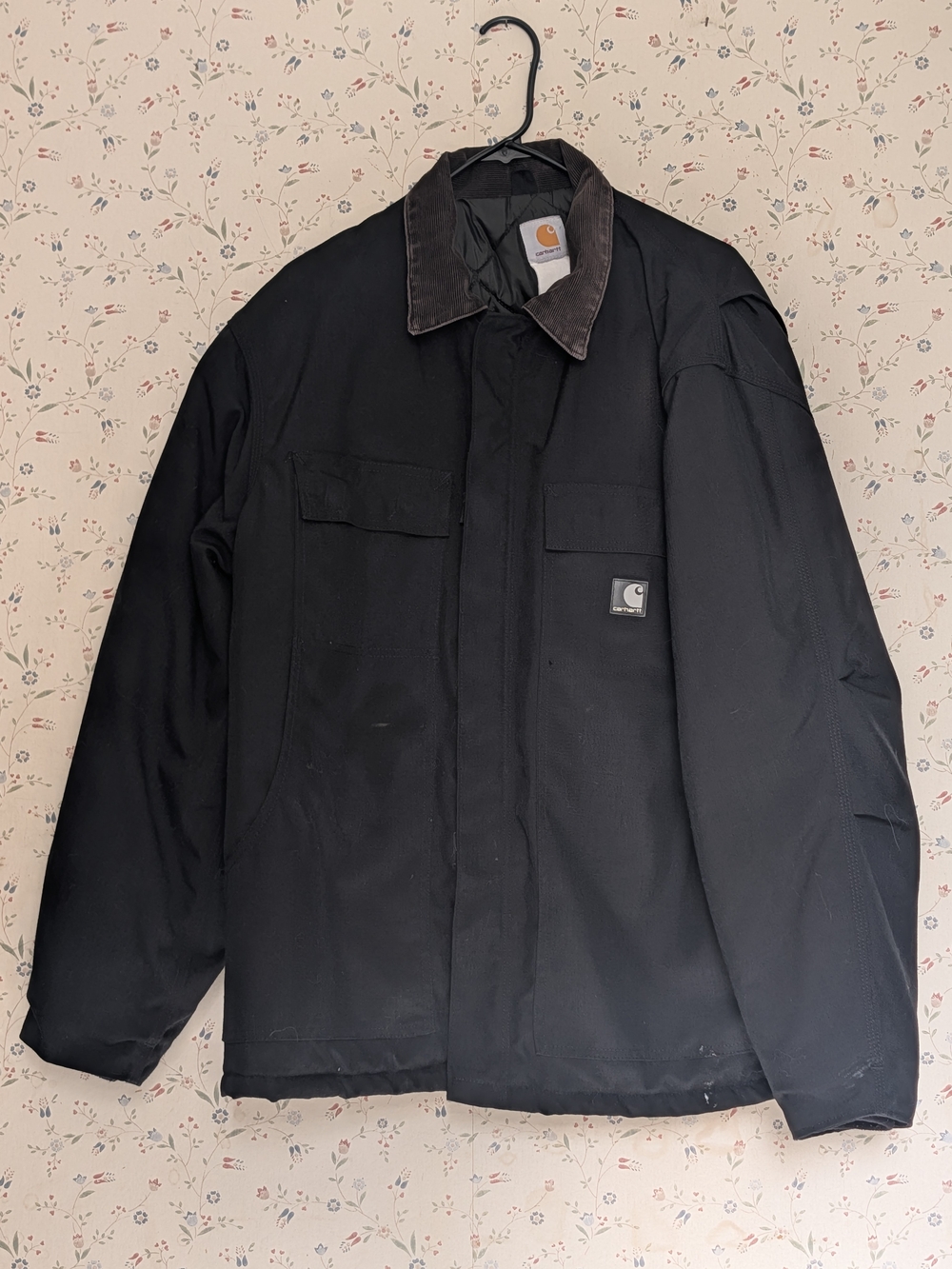 Carhartt Black Men’s Work Jacket Corduroy Collar Metal Zip Rugged Quilted VTG